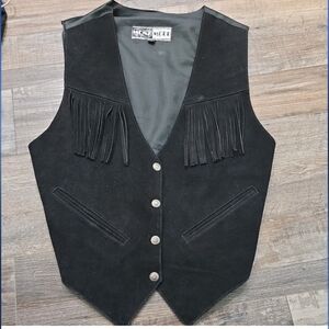 Vtg Mona Mode Black Suede Leather Fringe Vest Womens Snap Front